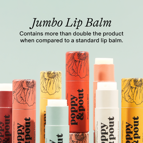 Collection of Jumbo Lip Balms with branding and product description on a light green background