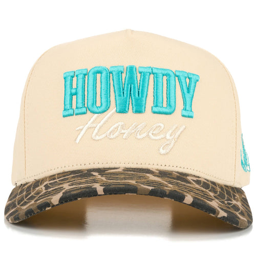 Beige cap with 'HOWDY Honey' text on a white background