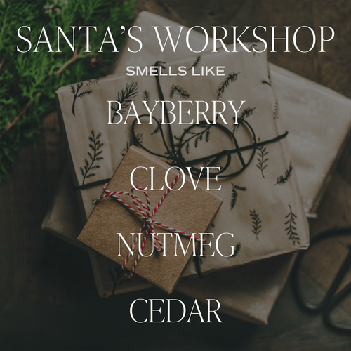 Two wrapped gifts with decorative string on a dark background, text overlay about holiday scents.