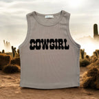 Tank top with words cowgirl on it with desert background