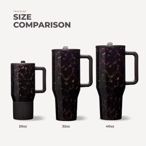 Leopard print travel mugs of different sizes on a white background