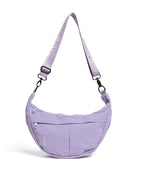 Purple shoulder bag with a strap on a white background