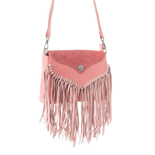 Pink fringed handbag with decorative elements on a white background