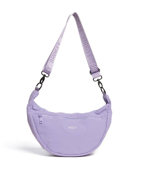 Purple shoulder bag with a visible brand logo on a white background