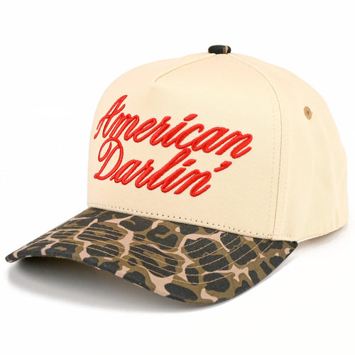 Beige cap with red 'American Darling' text and leopard print brim on a white background