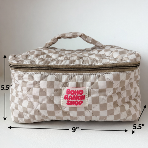 Quilted cosmetic bag with checkered pattern and 'Boho Ranch Shop' label, shown with dimensions on a white background.