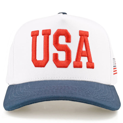 Cap with 'USA' in red on a white background