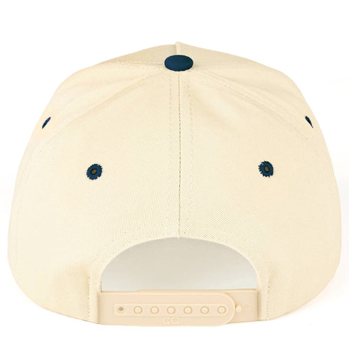 Beige cap with blue accents on a white background