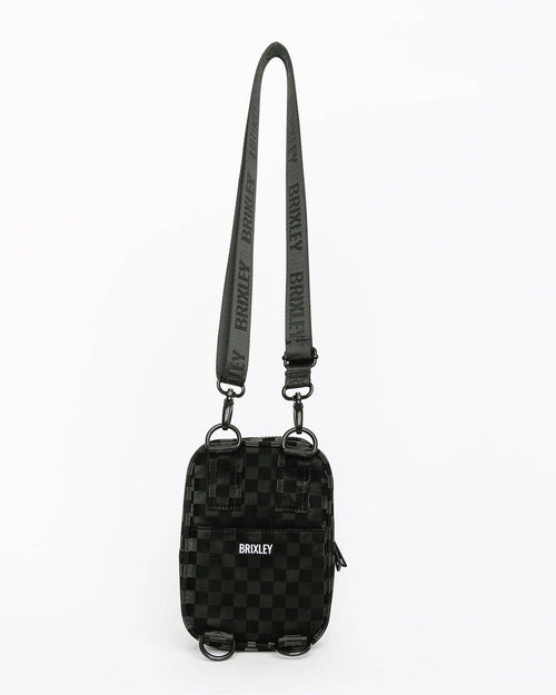 Black checkered bag with a strap on a white background