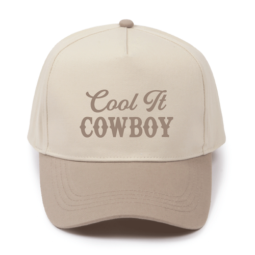 Beige cap with 'Cool It Cowboy' text on a white background