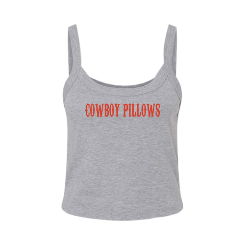 Gray tank top with 'COWBOY PILLOWS' text in red on a white background
