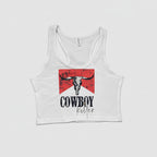 White tank top with a graphic design of a bull skull and text on a white background