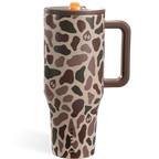 HydroJug insulated travel mug with a brown and beige camouflage pattern, featuring a brown handle, brown lid, and an orange accent on the lid.