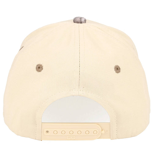 Beige baseball cap with a white patch on the back against a white background