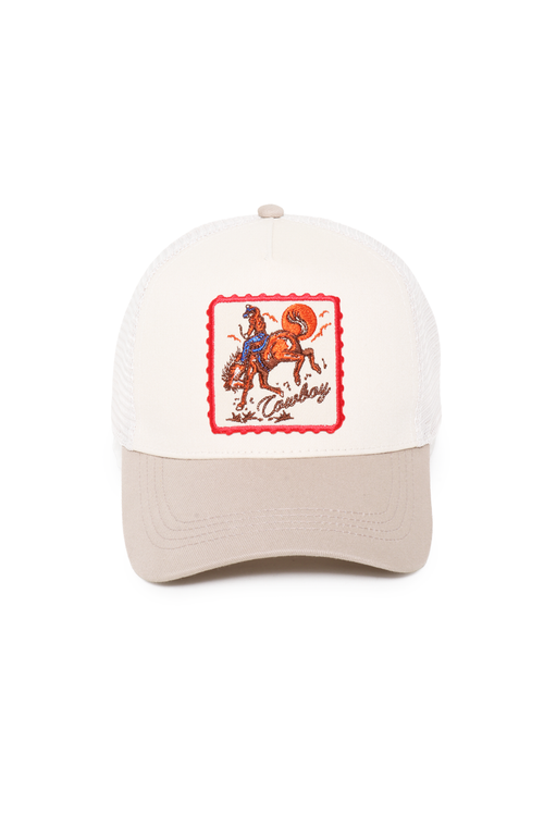 Baseball cap with cowboy graphic on a white background