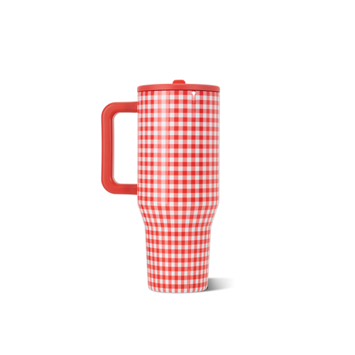 Red and white checkered travel mug on a white background