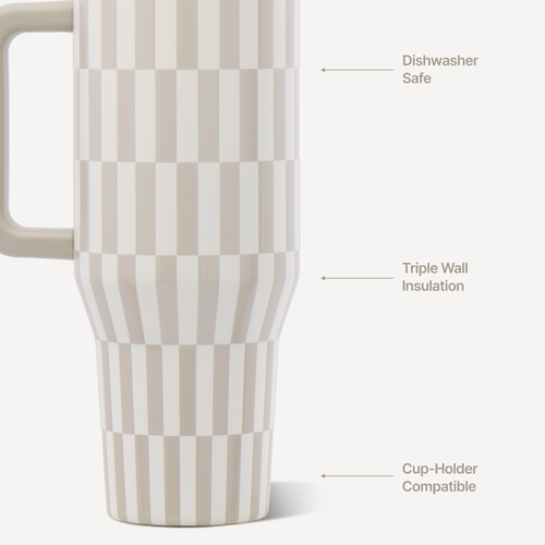 Close-up of a beige and off-white checkered travel tumbler with a handle, featuring callout text labels pointing to dishwasher safe, triple wall insulation, and cup-holder compatibility.