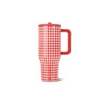 Red and white checkered travel mug with a red handle on a white background