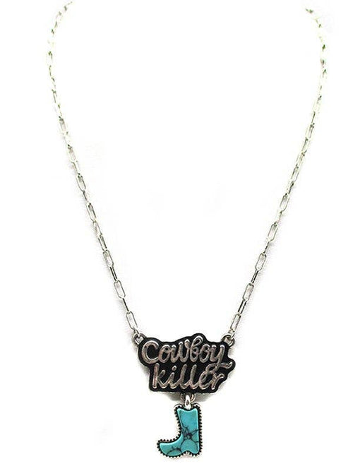 Necklace with 'Cowboy Killer' boot pendant on a white background