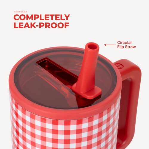 Red checkered mug with a circular flip straw on a white background
