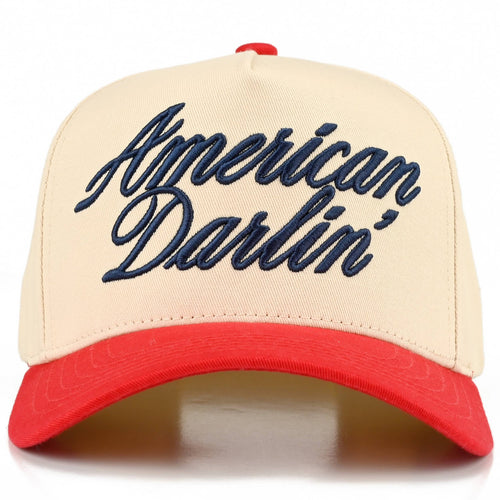 Beige and red cap with 'American Darlin'' text on a white background