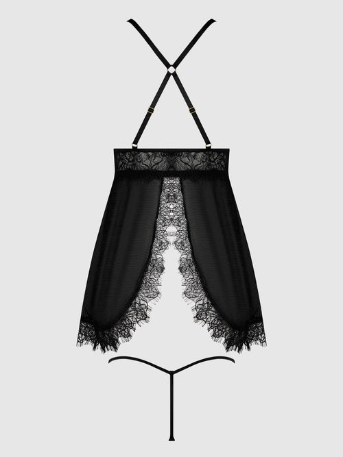 Black lace lingerie set on a light gray background