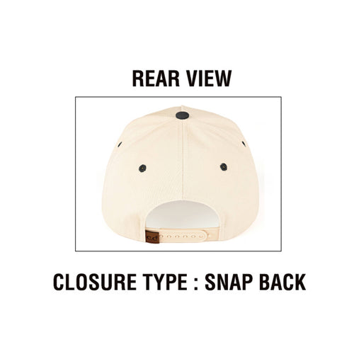 Beige cap with black accents on a white background, showing rear view with snap back closure.