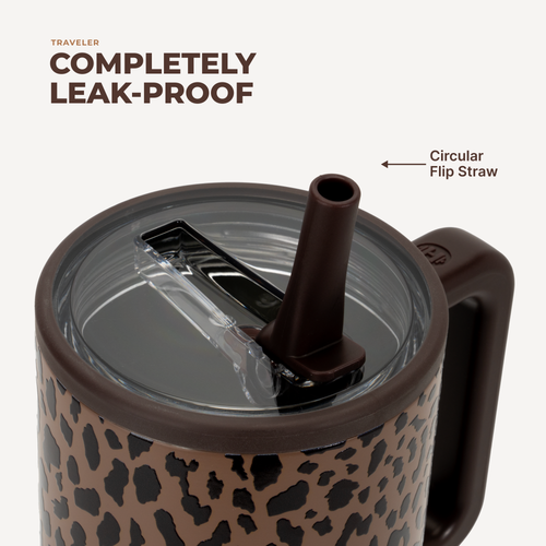 Leopard print travel mug with a circular flip straw on a white background