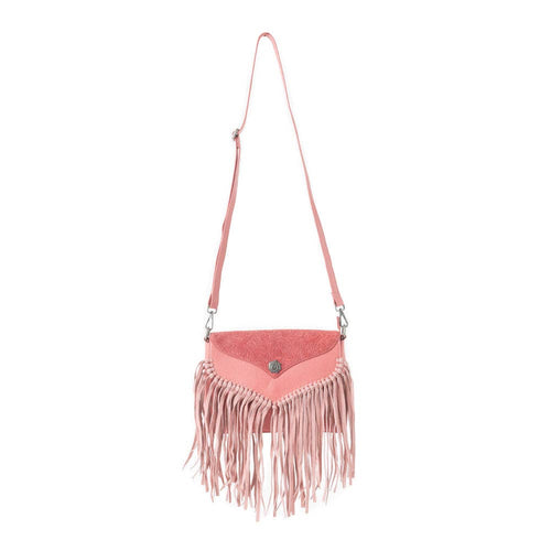 Pink crossbody bag with fringe details on a white background