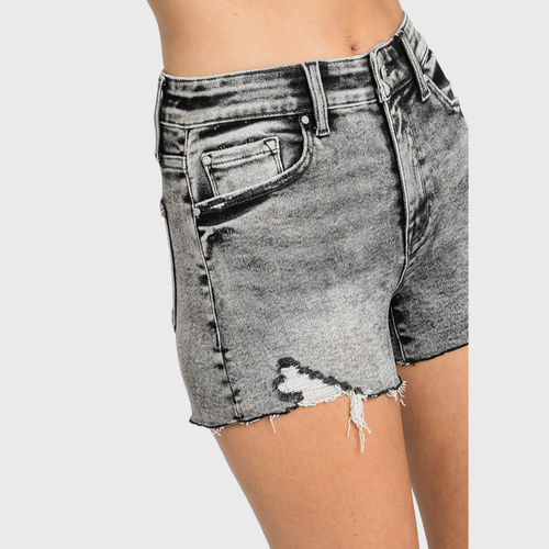 Black acid-wash denim shorts on a plain background