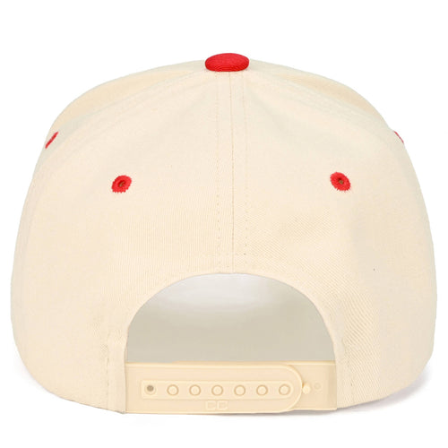 Beige cap with red buttons on a white background