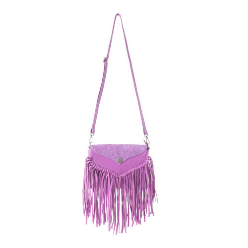 Purple fringe handbag on a white background