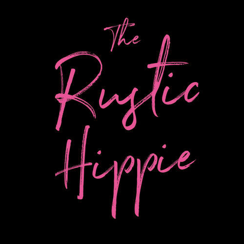 Pink 'The Rustic Hippie' text on a black background