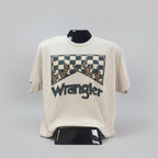 Beige shirt with a checkered pattern and 'Wrangler' branding on a grey background