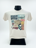 White t-shirt with graphic design on a mannequin against a white background