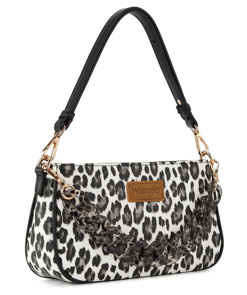 A shoulder bag with a black and white leopard print pattern, featuring a black faux-leather strap, a chunky black chain strap, and gold-tone hardware. A brown leather patch on the front displays the brand name 'Wrangler'.