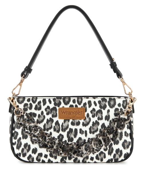 Wrangler shoulder bag featuring a black and white leopard print body, a black leather shoulder strap, a chunky black and white chain strap, and gold-tone hardware.