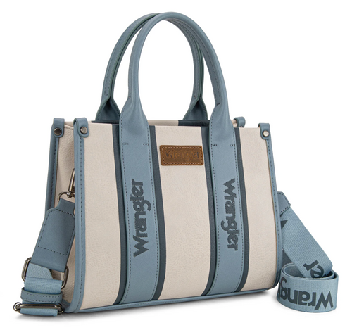 Wrangler leather handbag in cream and slate blue with vertical stripes, dual top handles, a detachable shoulder strap, and a brown leather logo patch on the front.