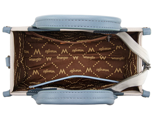Open view of a light blue and white handbag showing the interior lining with a brown background and repeating gold Wrangler logo pattern.