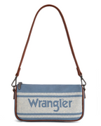 Wrangler blue and cream woven shoulder bag with brown leather trim and strap, featuring the Wrangler logo across the front.