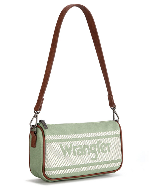 Wrangler shoulder bag in sage green canvas with brown leather trim and strap, featuring a white woven stripe pattern and the Wrangler logo on the front.
