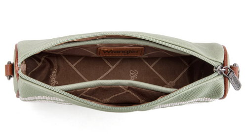 An open sage green canvas pouch bag with a brown patterned interior lining and a brown Wrangler leather patch on the inside, shown against a white background.