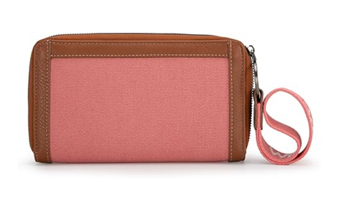 A zip-around wristlet wallet with a pink canvas front panel and brown leather trim, featuring a matching pink wrist strap on a white background.