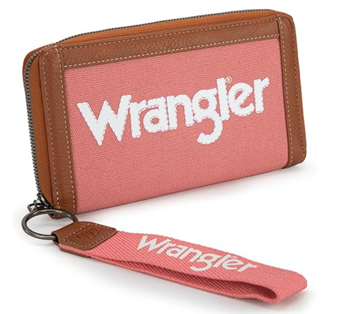 A pink and brown Wrangler zip-around wallet with a matching pink wrist strap featuring the white Wrangler logo, shown on a white background.