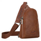 A brown faux-leather sling bag with a matching adjustable shoulder strap, featuring a front zippered pocket and a visible Wrangler logo patch.