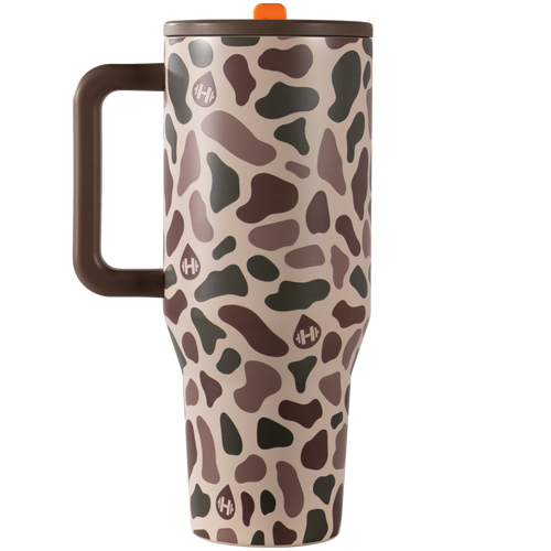 Travel mug with brown and beige pattern on a white background