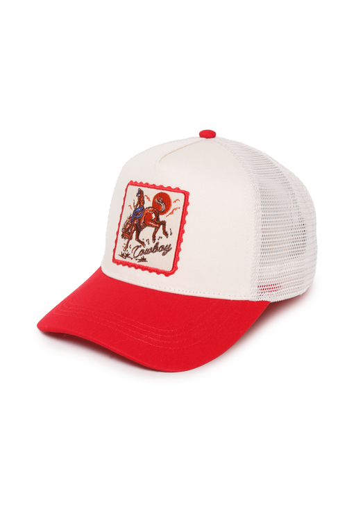 White and red cap with a logo on a white background