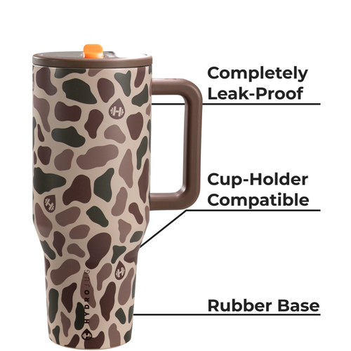 Leopard print travel mug with features highlighted on a white background