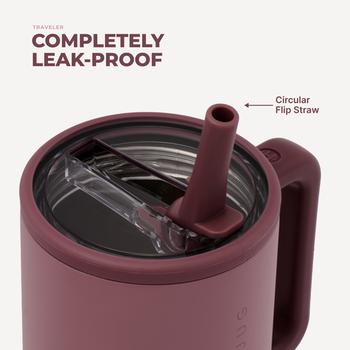 Close-up of a travel tumbler lid with a dark burgundy handle and straw, clear plastic spill guard, and text callouts reading 'TRAVELER' and 'COMpletely LEAK-PROOF' with 'Circular Flip Straw' pointing to the straw.