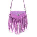 Purple fringe handbag on a white background